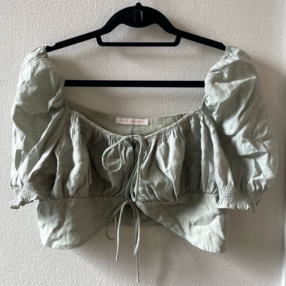 Pookie & Sebastian Light Teal / Green Tie Crop Top With Puffy Sleeves